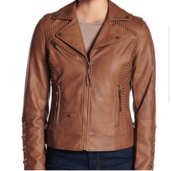 Coffee Shop Faux Leather Vegan Jacket Boho Moto Lace Up Ties Brown Sz L - Picture 3 of 14